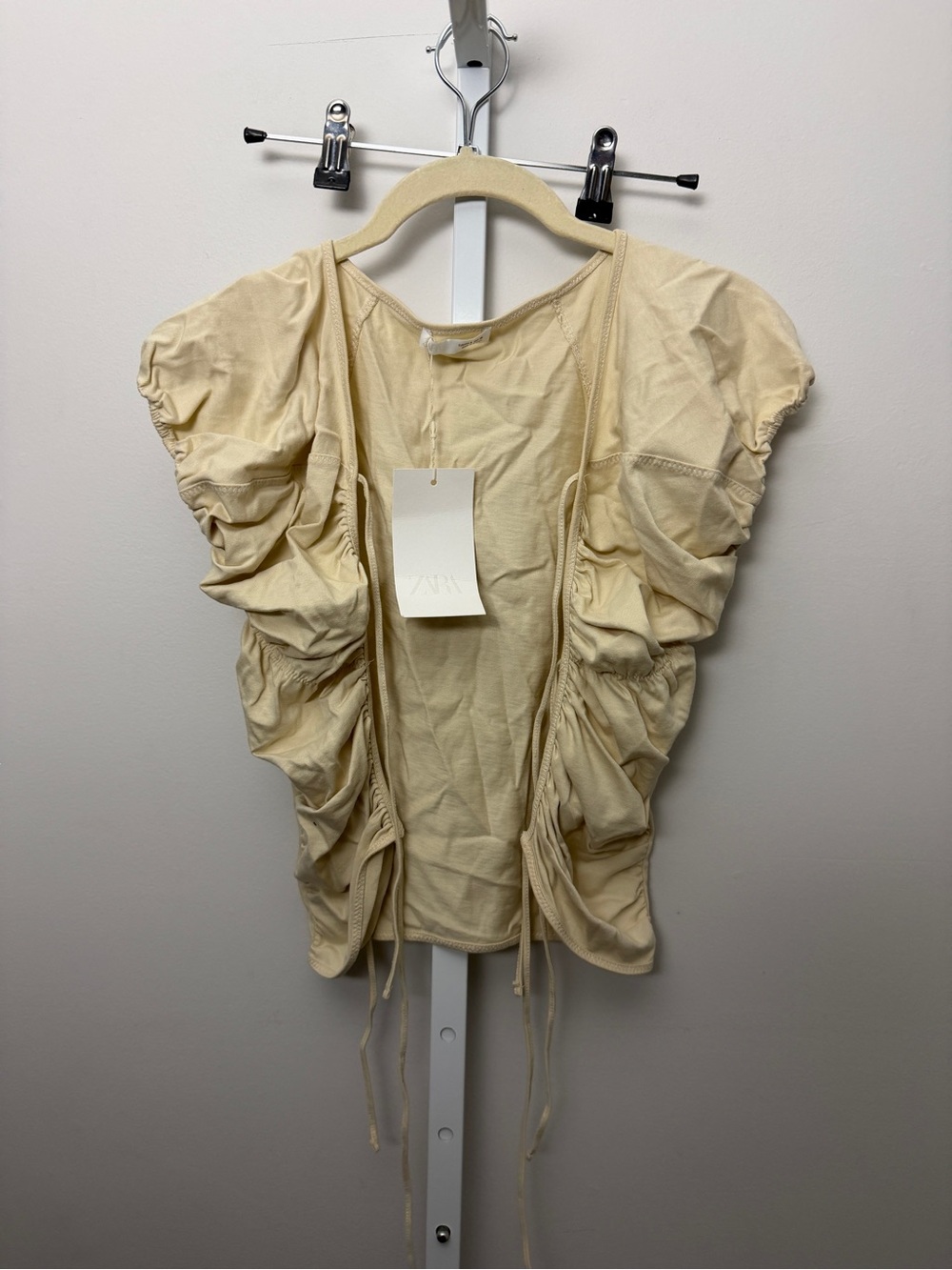 Zara Beige Ruched Short Sleeve Tie-Front Top size S nwt